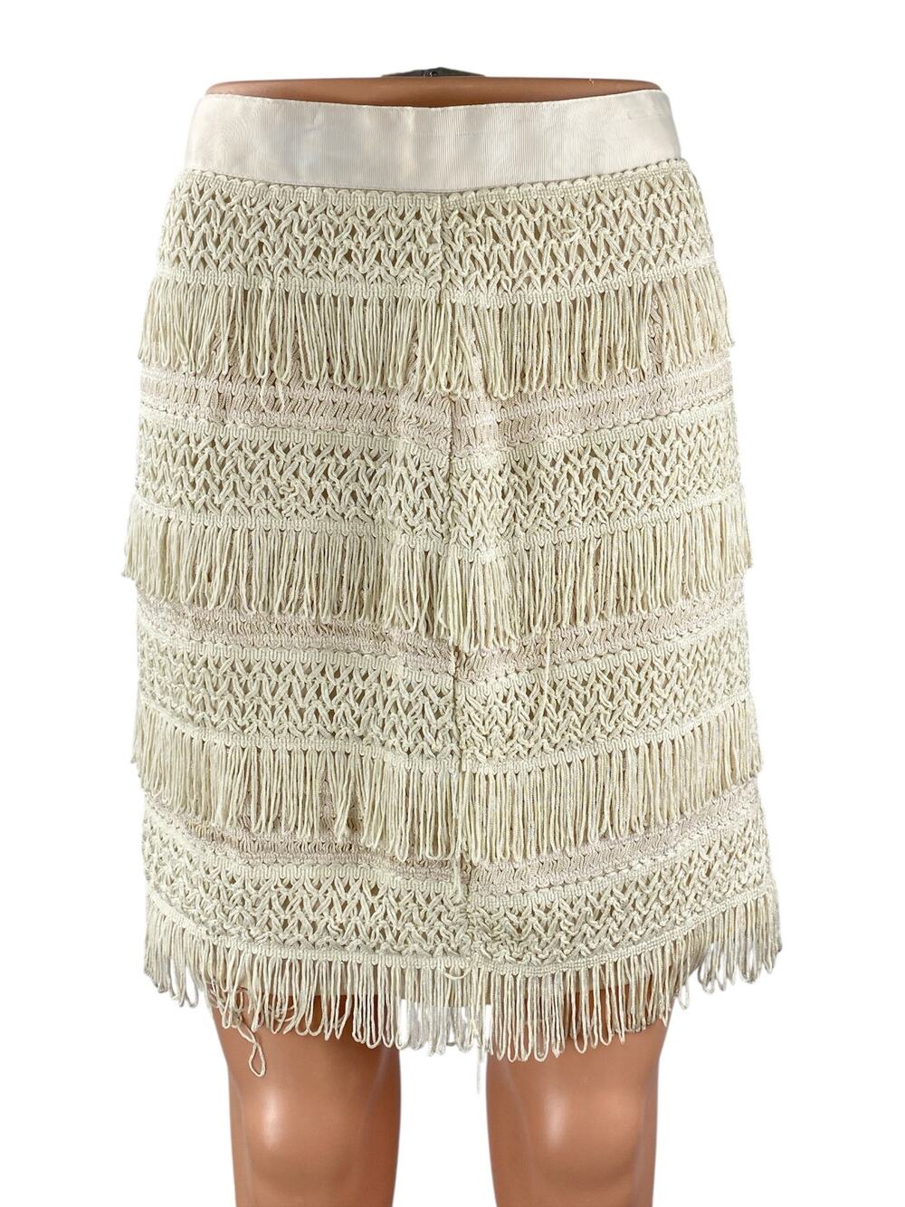 Francesca's Mi Ami Cream Ivory Fringe Boho High Waisted Pencil Mini Skirt Size S